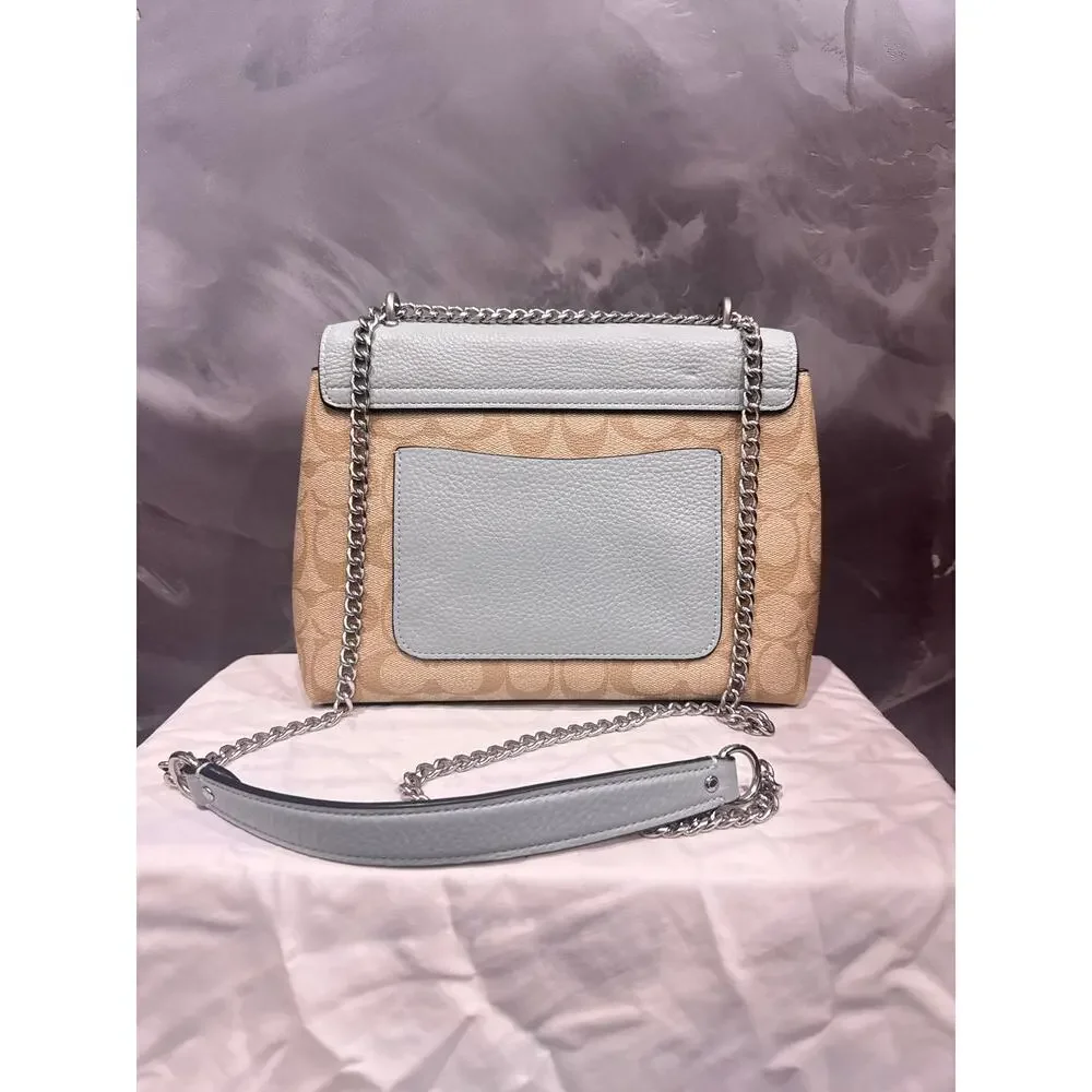 Coach Tammie Shoulder Bag in Signature Canvas Khaki Teal Chain Strap C6784